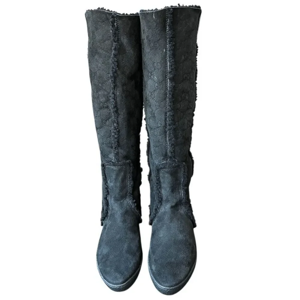 Gucci GG Monogram Web Black Suede Knee High Boots Size 7 Wedge Heel 14